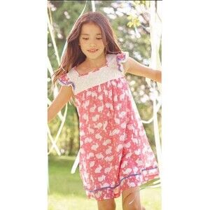 Mini Boden Dress Girls 6-7 Floral Rabbit Print Ruffle Sleeve Easter Summer Cute